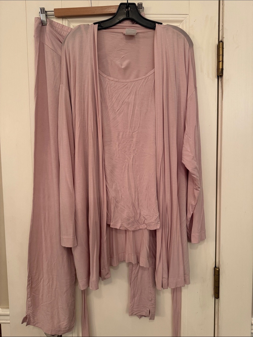 Maternity 3-Piece Soft Pink Lounge Set - Cozy Draped Robe, Pants & Tank